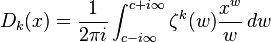 D_k(x)=\frac{1}{2\pi i} \int_{c-i\infty}^{c+i\infty} 
\zeta^k(w) \frac {x^w}{w} \,dw