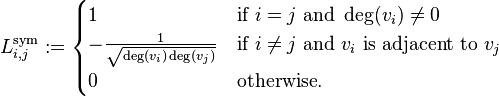 L^{\text{sym}}_{i,j}:=
\begin{cases}
1 & \mbox{if}\ i = j\ \mbox{and}\ \deg(v_i) \neq 0\\
-\frac{1}{\sqrt{\deg(v_i)\deg(v_j)}} & \mbox{if}\ i \neq j\ \mbox{and}\ v_i \mbox{ is adjacent to } v_j \\
0 & \mbox{otherwise}.
\end{cases}
