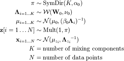 
\begin{align}
\mathbf{\pi} & \sim \operatorname{SymDir}(K, \alpha_0) \\
\mathbf{\Lambda}_{i=1 \dots K} & \sim \mathcal{W}(\mathbf{W}_0, \nu_0) \\
\mathbf{\mu}_{i=1 \dots K} & \sim \mathcal{N}(\mathbf{\mu}_0, (\beta_0 \mathbf{\Lambda}_i)^{-1}) \\
\mathbf{z}[i = 1 \dots N] & \sim \operatorname{Mult}(1, \mathbf{\pi}) \\
\mathbf{x}_{i=1 \dots N} & \sim \mathcal{N}(\mathbf{\mu}_{z_i}, {\mathbf{\Lambda}_{z_i}}^{-1}) \\
K &= \text{number of mixing components} \\
N &= \text{number of data points}
\end{align}
