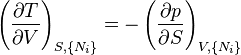 
\left(\frac{\partial T}{\partial V}\right)_{S,\{N_i\}} =
-\left(\frac{\partial p}{\partial S}\right)_{V,\{N_i\}}
