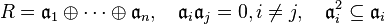 R = \mathfrak{a}_1 \oplus \cdots \oplus  \mathfrak{a}_n, \quad \mathfrak{a}_i \mathfrak{a}_j = 0, i \ne j, \quad \mathfrak{a}_i^2 \subseteq \mathfrak{a}_i