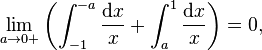 \lim_{a\rightarrow 0+}\left(\int_{-1}^{-a}\frac{\mathrm{d}x}{x}+\int_a^1\frac{\mathrm{d}x}{x}\right)=0,