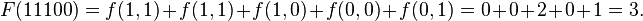  F(11100) = f(1,1)  + f(1,1) + f(1,0) + f(0, 0) + f(0, 1) = 0 + 0 + 2 + 0 + 1 = 3. \, 