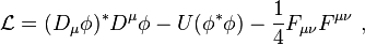 \mathcal{L}= (D_\mu \phi)^* D^\mu \phi - U(\phi^*\phi) -\frac14 F_{\mu\nu}F^{\mu\nu}\ ,