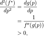 \begin{align}
\frac{d^2(f^{*})}{dp^2} &= \frac{dg(p)}{dp} \\
&{} =  \frac{1}{f''(g(p))} \\
&{} > 0 ,
\end{align}