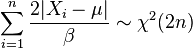 \sum_{i=1}^n{\frac{2 |X_i-\mu|}{\beta}} \sim \chi^2(2n)\,