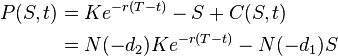 \begin{align}
  P(S, t) &= Ke^{-r(T - t)} - S + C(S, t) \\
          &= N(-d_2) Ke^{-r(T - t)} - N(-d_1) S
\end{align}\,