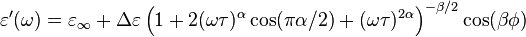 
\varepsilon'(\omega) = \varepsilon_{\infty} + \Delta\varepsilon\left( 1 + 2 (\omega\tau)^\alpha \cos (\pi\alpha/2) + (\omega\tau)^{2\alpha} \right)^{-\beta/2} \cos (\beta\phi)
