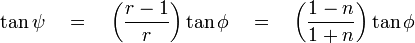  \tan \psi \quad = \quad \left ( \frac {r - 1}{r} \right ) \tan \phi \quad = \quad \left ( \frac {1 - n}{1 + n} \right ) \tan \phi