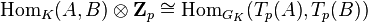 \mathrm{Hom}_K(A,B)\otimes\mathbf{Z}_p\cong\mathrm{Hom}_{G_K}(T_p(A),T_p(B))