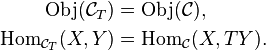 \begin{align}\mathrm{Obj}({\mathcal{C}_T}) &= \mathrm{Obj}({\mathcal{C}}), \\
\mathrm{Hom}_{\mathcal{C}_T}(X,Y) &= \mathrm{Hom}_{\mathcal{C}}(X,TY).\end{align}