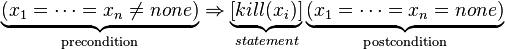 \underbrace {(x_{1}=\dots =x_{n}\neq none)} _{\mathrm {precondition} }\Rightarrow \underbrace {[kill(x_{i})]} _{\mathrm {} statement}\underbrace {(x_{1}=\dots =x_{n}=none)} _{\mathrm {postcondition} }