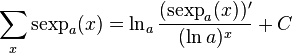 \sum _x \operatorname{sexp}_a (x) = \ln_a \frac{(\operatorname{sexp}_a (x))'}{(\ln a)^x} + C \,