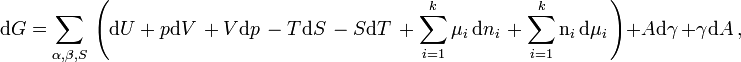 \mathrm {d} G=\sum _{\alpha ,\beta ,S}\,\left(\mathrm {d} U+p\mathrm {d} V\,+V\mathrm {d} p\,-T\mathrm {d} S\,-S\mathrm {d} T\,+\sum _{i=1}^{k}\mu _{i}\,\mathrm {d} n_{i}\,+\sum _{i=1}^{k}\mathrm {n} _{i}\,\mathrm {d} \mu _{i}\,\right)+A\mathrm {d} \gamma \,+\gamma \mathrm {d} A\,,