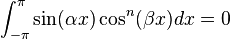 \int_{-\pi}^\pi \sin(\alpha x) \cos^n(\beta x) dx = 0