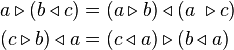 \begin{align}
  a \triangleright (b \triangleleft c) &= (a \triangleright b)\triangleleft (a\ \triangleright  c) \\
  (c \triangleright b) \triangleleft a &= (c \triangleleft a)\triangleright (b \triangleleft a)
\end{align}