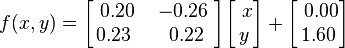 
f(x,y) = \begin{bmatrix} \ 0.20 & \ -0.26 \ \\ 0.23 & \ 0.22 \end{bmatrix} \begin{bmatrix} \ x \\ y \end{bmatrix} + \begin{bmatrix} \ 0.00 \\ 1.60 \end{bmatrix}
