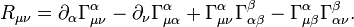 
R_{\mu\nu}=\partial_\alpha\Gamma^\alpha_{\mu\nu}-\partial_\nu\Gamma^\alpha_{\mu\alpha}+\Gamma^\alpha_{\mu\nu}\Gamma^\beta_{\alpha\beta}-\Gamma^\alpha_{\mu\beta}\Gamma^\beta_{\alpha\nu}.
