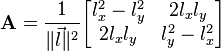 \mathbf{A} = \frac{1}{\lVert\vec{l}\rVert^2} \begin{bmatrix} l_x^2 - l_y^2 & 2 l_x l_y \\ 2 l_x l_y & l_y^2 - l_x^2 \end{bmatrix}