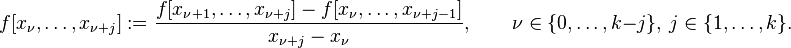 f[x_\nu,\ldots,x_{\nu+j}] := \frac{f[x_{\nu+1},\ldots , x_{\nu+j}] - f[x_\nu,\ldots , x_{\nu+j-1}]}{x_{\nu+j}-x_\nu}, \qquad \nu\in\{0,\ldots,k-j\},\ j\in\{1,\ldots,k\}.