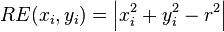 RE(x_i,y_i) = \left\vert x_i^2 + y_i^2 - r^2 \right\vert