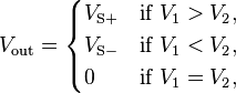  V_{\text{out}} = \begin{cases} V_{\text{S}+} & \text{if } V_1 > V_2, \\ V_{\text{S}-} & \text{if } V_1 < V_2, \\ 0 & \text{if } V_1 = V_2, \end{cases} 