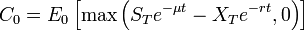 C_0 = E_0\left[\max\left(S_Te^{-\mu t}-X_Te^{-rt},0\right)\right]