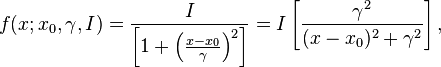 f(x; x_0,\gamma,I) = \frac{I}{\left[1 + \left(\frac{x-x_0}{\gamma}\right)^2\right]} = I \left[ { \gamma^2 \over (x - x_0)^2 + \gamma^2  } \right], 