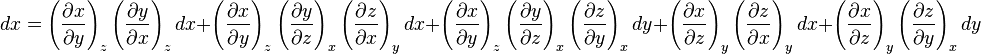 dx = \left(\frac{\partial x}{\partial y}\right)_z \left(\frac{\partial y}{\partial x}\right)_z dx + \left(\frac{\partial x}{\partial y}\right)_z \left(\frac{\partial y}{\partial z}\right)_x \left(\frac{\partial z}{\partial x}\right)_y dx + \left(\frac{\partial x}{\partial y}\right)_z \left(\frac{\partial y}{\partial z}\right)_x \left(\frac{\partial z}{\partial y}\right)_x dy + \left(\frac{\partial x}{\partial z}\right)_y\left(\frac{\partial z}{\partial x}\right)_y dx +  \left(\frac{\partial x}{\partial z}\right)_y \left(\frac{\partial z}{\partial y}\right)_x dy