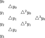 
\begin{matrix}
y_0 &               &                   &                  \\
    & \triangle y_0 &                   &                  \\
y_1 &               & \triangle^{2} y_0 &                  \\
    & \triangle y_1 &                   & \triangle^{3} y_0\\
y_2 &               & \triangle^{2} y_1 &                  \\
    & \triangle y_2 &                   &                  \\
y_3 &               &                   &                  \\
\end{matrix}
