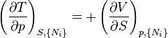 
\left(\frac{\partial T}{\partial p}\right)_{S,\{N_i\}} =
+\left(\frac{\partial V}{\partial S}\right)_{p,\{N_i\}}
