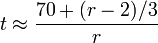  t \approx \frac{70 + (r - 2)/3}{r} 