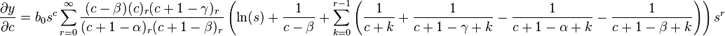 \frac{\partial y}{\partial c} = b_0 s^c \sum_{r = 0}^\infty \frac{(c - \beta)(c)_r (c + 1 - \gamma)_r}{(c + 1 - \alpha)_r (c + 1 - \beta)_r} \left (\ln(s) + \frac{1}{c - \beta } + \sum_{k = 0}^{r - 1} \left(\frac{1}{c + k} + \frac{1}{c + 1 - \gamma + k} - \frac{1}{c + 1 - \alpha + k} - \frac{1}{c + 1 - \beta + k}\right) \right ) s^{r}