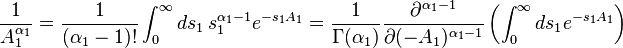  
\frac{1}{A_1^{\alpha_1}} = \frac{1}{\left(\alpha_1-1\right)!}\int^\infty_0 ds_1 \,s_1^{\alpha_1-1} e^{-s_1 A_1} =  \frac{1}{\Gamma(\alpha_1)}\frac{\partial^{\alpha_1-1}}{\partial(-A_1)^{\alpha_1-1}}\left(\int_{0}^{\infty}ds_1 e^{-s_1 A_1}\right)
