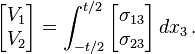 
  \begin{bmatrix} V_1 \\ V_2 \end{bmatrix} = \int_{-t/2}^{t/2} \begin{bmatrix} \sigma_{13} \\ \sigma_{23} \end{bmatrix}\, dx_3 \,.
