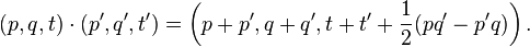 (p,q,t)\cdot(p',q',t') =\left (p+p',q+q',t+t'+\frac{1}{2}(p q'-p' q)\right).