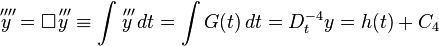 \overset{\,\prime\prime\prime\prime}{y} = \Box \overset{\,\prime\prime\prime}{y} \equiv \int \overset{\,\prime\prime\prime}{y} \,dt = \int G(t) \,dt = D_t^{-4} y = h(t) + C_4