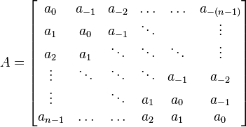 
A =
\begin{bmatrix}
  a_{0} & a_{-1} & a_{-2} & \ldots & \ldots  &a_{-(n-1)}  \\
  a_{1} & a_0  & a_{-1} &  \ddots   &  &  \vdots \\
  a_{2}    & a_{1} & \ddots  & \ddots & \ddots& \vdots \\ 
 \vdots &  \ddots & \ddots &   \ddots  & a_{-1} & a_{-2}\\
 \vdots &         & \ddots & a_{1} & a_{0}&  a_{-1} \\
a_{n-1} &  \ldots & \ldots & a_{2} & a_{1} & a_{0}
\end{bmatrix}
