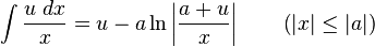 \int {\frac {u\;dx}{x}}=u-a\ln \left|{\frac {a+u}{x}}\right|\qquad {\mbox{(}}|x|\leq |a|{\mbox{)}}