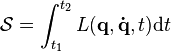  \mathcal{S} = \int_{t_1}^{t_2} L(\mathbf{q},\mathbf{\dot{q}},t) \mathrm{d}t \,\!