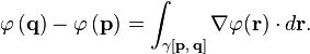  \varphi\left(\mathbf{q}\right)-\varphi\left(\mathbf{p}\right) = \int_{\gamma[\mathbf{p},\,\mathbf{q}]} \nabla\varphi(\mathbf{r})\cdot d\mathbf{r}. 