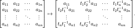 \begin{bmatrix}
a_{11}&a_{12}&\cdots&a_{1n}\\
a_{21}&a_{22}&\cdots&a_{2n}\\
\vdots&\vdots&\ddots&\vdots\\
a_{n1}&a_{n2}&\cdots&a_{nn}\\
\end{bmatrix}
\mapsto
\begin{bmatrix}
a_{11}&t_1t_2^{-1}a_{12}&\cdots&t_1t_n^{-1}a_{1n}\\
t_2t_1^{-1}a_{21}&a_{22}&\cdots&t_2t_n^{-1}a_{2n}\\
\vdots&\vdots&\ddots&\vdots\\
t_nt_1^{-1}a_{n1}&t_nt_2^{-1}a_{n2}&\cdots&a_{nn}\\
\end{bmatrix}.
