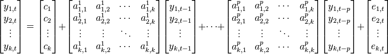 \begin{bmatrix}y_{1,t} \\ y_{2,t}\\ \vdots \\ y_{k,t}\end{bmatrix}=\begin{bmatrix}c_{1} \\ c_{2}\\ \vdots \\ c_{k}\end{bmatrix}+
\begin{bmatrix}
a_{1,1}^1&a_{1,2}^1 & \cdots & a_{1,k}^1\\
a_{2,1}^1&a_{2,2}^1 & \cdots & a_{2,k}^1\\
\vdots& \vdots& \ddots& \vdots\\
a_{k,1}^1&a_{k,2}^1 & \cdots & a_{k,k}^1
\end{bmatrix}
\begin{bmatrix}y_{1,t-1} \\ y_{2,t-1}\\ \vdots \\ y_{k,t-1}\end{bmatrix}
+ \cdots +
\begin{bmatrix}
a_{1,1}^p&a_{1,2}^p & \cdots & a_{1,k}^p\\
a_{2,1}^p&a_{2,2}^p & \cdots & a_{2,k}^p\\
\vdots& \vdots& \ddots& \vdots\\
a_{k,1}^p&a_{k,2}^p & \cdots & a_{k,k}^p
\end{bmatrix}
\begin{bmatrix}y_{1,t-p} \\ y_{2,t-p}\\ \vdots \\ y_{k,t-p}\end{bmatrix}

 + \begin{bmatrix}e_{1,t} \\ e_{2,t}\\ \vdots \\ e_{k,t}\end{bmatrix}