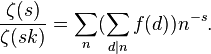 \frac{\zeta(s)}{\zeta(sk)}=\sum_n (\sum_{d\mid n}f(d))n^{-s}.