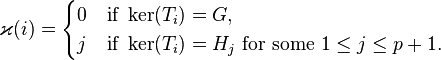 \varkappa(i)=\begin{cases}0 & \text{if } \ker(T_i)=G,\\ j & \text{if } \ker(T_i)=H_j \text{ for some } 1\le j\le p+1.\end{cases}