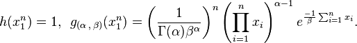 \begin{align}
h(x_1^n)= 1,\,\,\,
g_{(\alpha \, , \, \beta)}(x_1^n)= \left({1 \over \Gamma(\alpha) \beta^{\alpha}}\right)^n \left(\prod_{i=1}^n x_i\right)^{\alpha-1} e^{{-1 \over \beta} \sum_{i=1}^n{x_i}}.
\end{align}