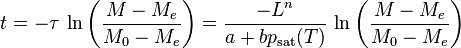 t=-\tau\,\ln\left(\frac{M-M_e}{M_0-M_e}\right)=\frac{-L^n}{a+bp_\text{sat}(T)}\,\ln\left(\frac{M-M_e}{M_0-M_e}\right)