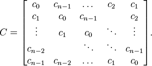 
C=
\begin{bmatrix}
c_0     & c_{n-1} & \dots  & c_{2} & c_{1}  \\
c_{1} & c_0    & c_{n-1} &         & c_{2}  \\
\vdots  & c_{1}& c_0    & \ddots  & \vdots   \\
c_{n-2}  &        & \ddots & \ddots  & c_{n-1}   \\
c_{n-1}  & c_{n-2} & \dots  & c_{1} & c_0 \\
\end{bmatrix}.
