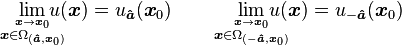 \lim_{\overset{\boldsymbol{x}\rightarrow \boldsymbol{x}_0}{\boldsymbol{x}\in\Omega_{({\boldsymbol{\hat{a}}},\boldsymbol{x}_0)}}}\!\!\!\!\!\!u(\boldsymbol{x})=u_{\boldsymbol{\hat a}}(\boldsymbol{x}_0) \qquad \lim_{\overset{\boldsymbol{x}\rightarrow \boldsymbol{x}_0}{\boldsymbol{x}\in\Omega_{(-{\boldsymbol{\hat{a}}},\boldsymbol{x}_0)}}}\!\!\!\!\!\!\!u(\boldsymbol{x})=u_{-\boldsymbol{\hat a}}(\boldsymbol{x}_0)