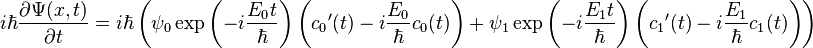 i\hbar\dfrac{\partial\Psi(x,t)}{\partial t} = i\hbar\left(\psi_{0}\exp\left(-i\dfrac{E_{0}t}{\hbar}\right)\left({c_{0}}'(t) -i\dfrac{E_{0}}{\hbar}c_{0}(t)\right) + \psi_{1}\exp\left(-i\dfrac{E_{1}t}{\hbar}\right)\left({c_{1}}'(t) -i\dfrac{E_{1}}{\hbar}c_{1}(t)\right)\right)